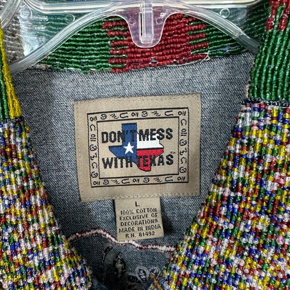 Vintage Don’t Mess With Texas Beaded Denim Jacket Folk Art Embroidered L - Picture 4 of 6